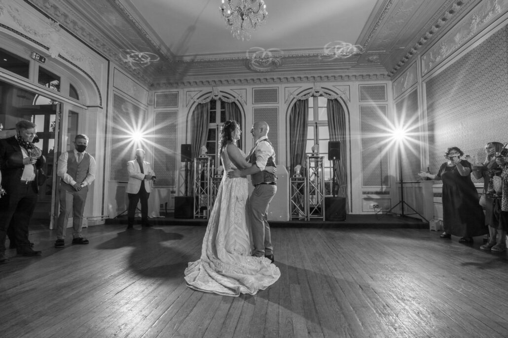A bride and groom sharing their first dance captured by a South Wales wedding photographer.